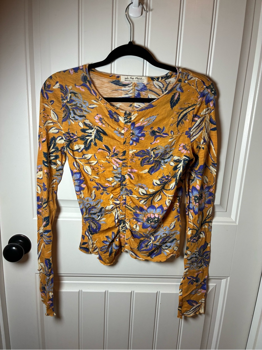 We The Free Mustard Floral Ruched Front Long Sleeve Top
